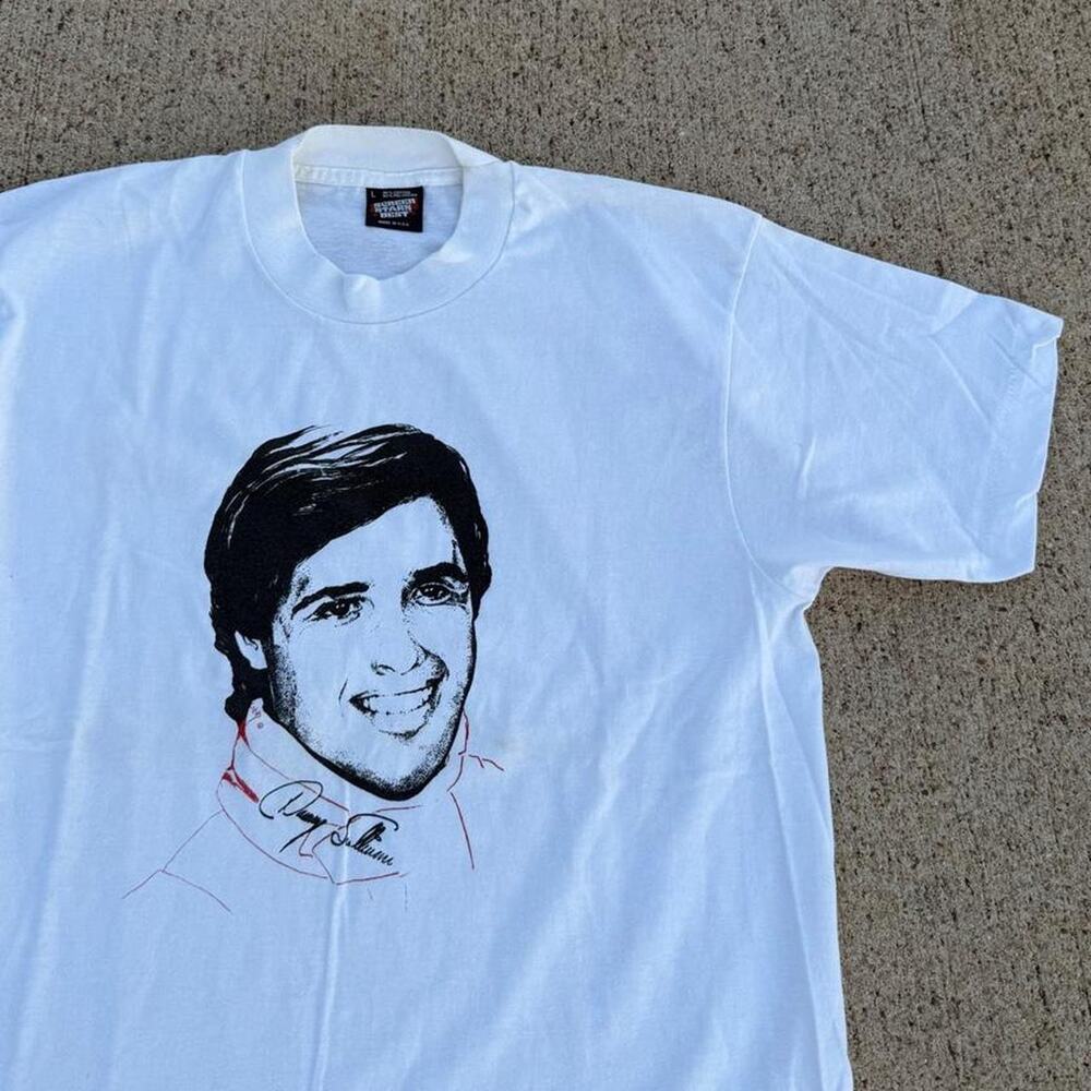 Vintage 80s danny sullivan portrait white tee large